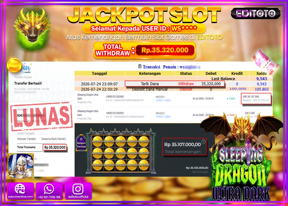 JACKPOT EDITOTO SLOT SLEEPING DRAGON ULTRA DARK Rp.35.320.000,- LUNAS