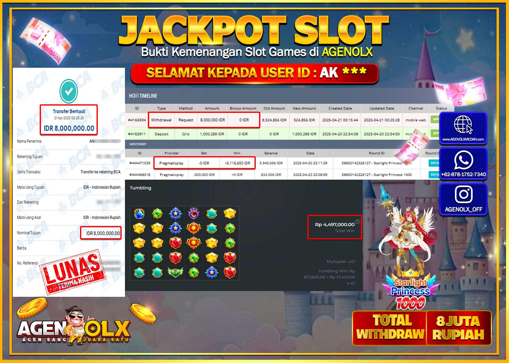 AGENOLX JACKPOT  SLOT STARLIGHT PRINCEES 1000  Rp 8.000.000,- LUNAS
