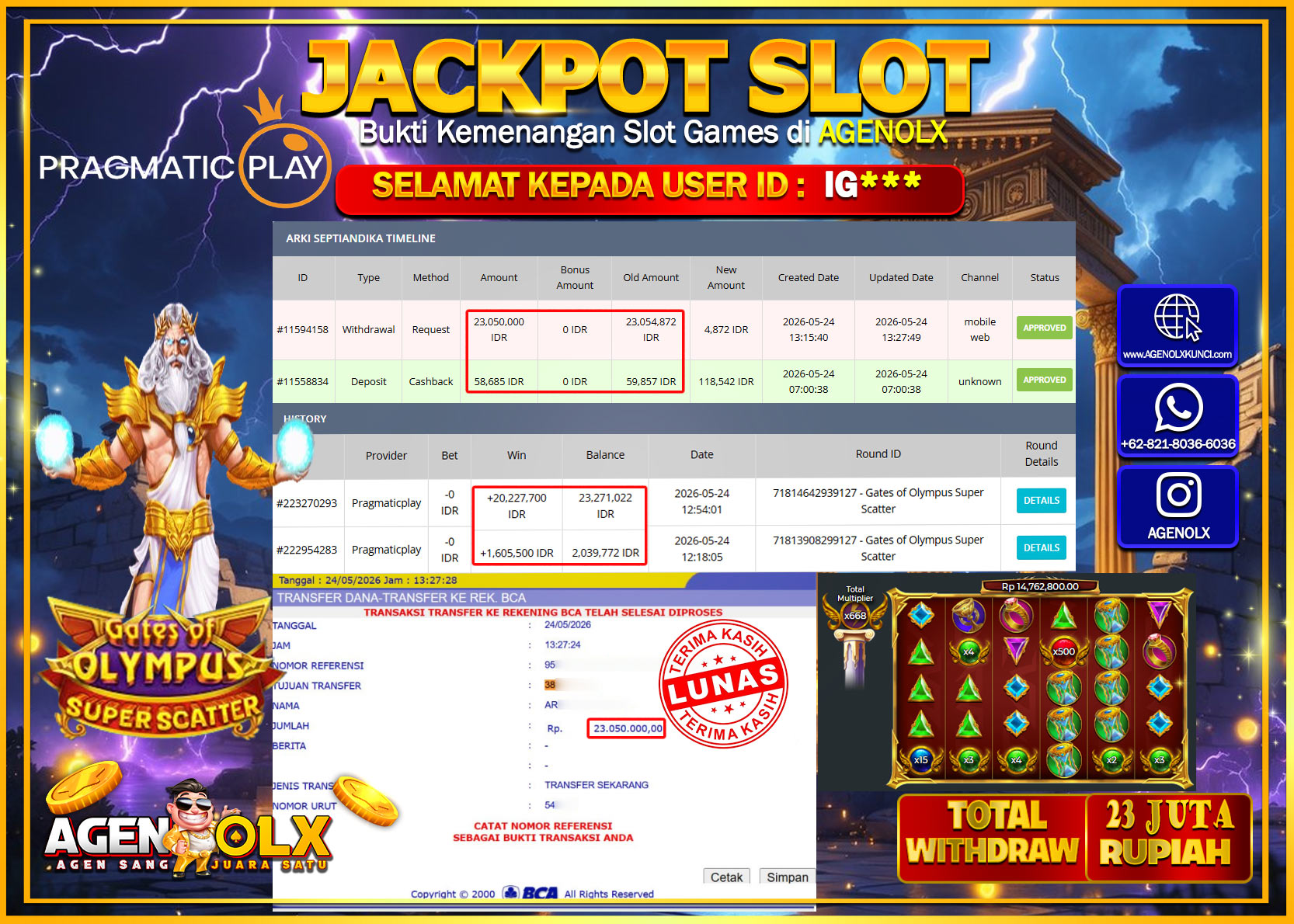 AGENOLX JACKPOT SLOT GATES OF OLYMPUS SUPER SCATTER  Rp 23.000.000 - LUNAS