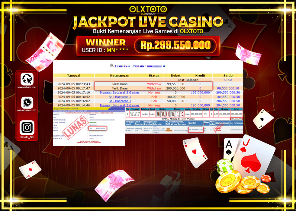 OLXTOTO JACKPOT  LIVE GAMES BACCARAT 3 Rp.299.550.000.,- LUNAS