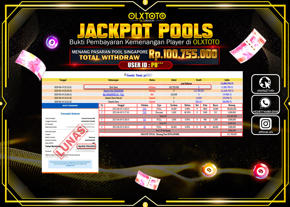 BONDAN69 JACKPOT  TOGEL POOL SINGAPORE Rp.100.755.000.,- LUNAS