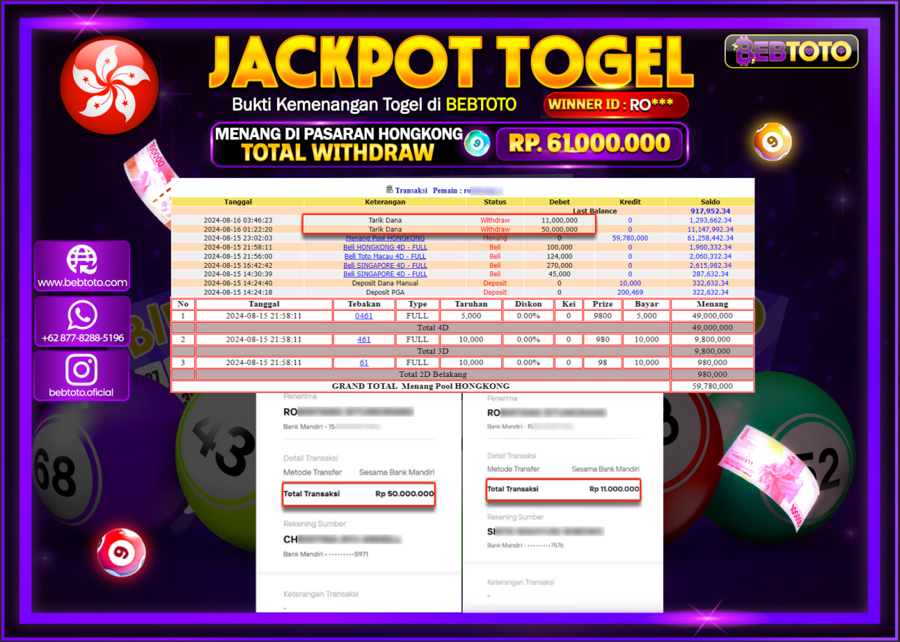 JACKPOT TOGEL BEBTOTO HONGKONG POOLS Rp.61.000.000.,- LUNAS