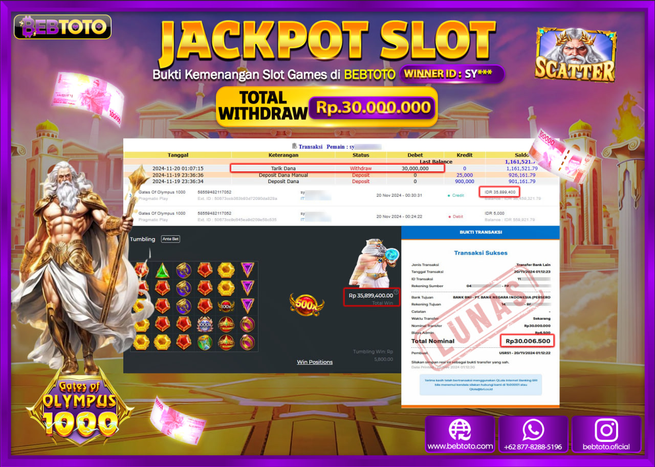 JACKPOT SLOT BEBTOTO GATES OF OLYMPUS 1000 Rp.30.000.000.,- LUNAS