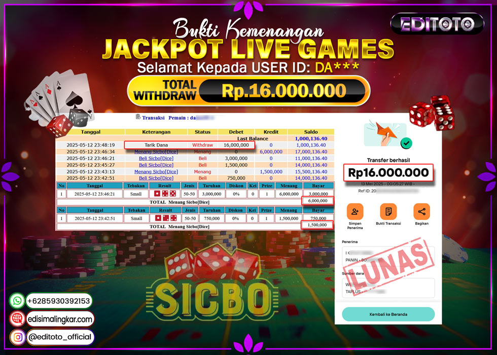 JACKPOT EDITOTO LIVE GAME SICBO DICE Rp.16.000.000.,- LUNAS