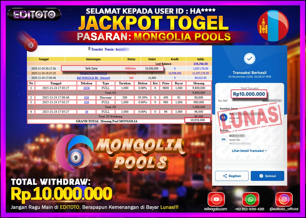 JACKPOT EDITOTO TOGEL PASARAN MONGOLIA POOLS Rp.10.000.000.,- LUNAS 