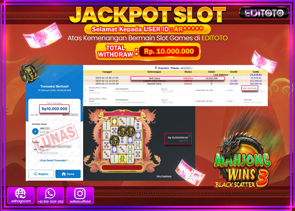 JACKPOT SLOT MAHJONGS WINS 3 - BLACK SCATTER  Rp.10.000.000.,- LUNAS