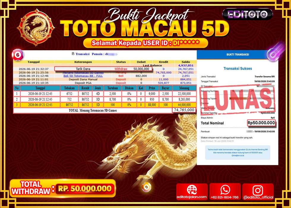 JACKPOT EDITOTO TOGEL PASARAN TOTO MACAU 5D Rp.50.000.000.,- LUNAS