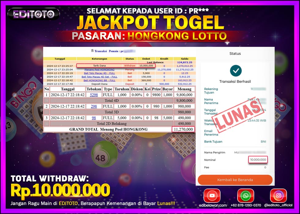 JACKPOT TOGEL PASARAN HONGKONG LOTTO Rp.10.000.000.,- LUNAS