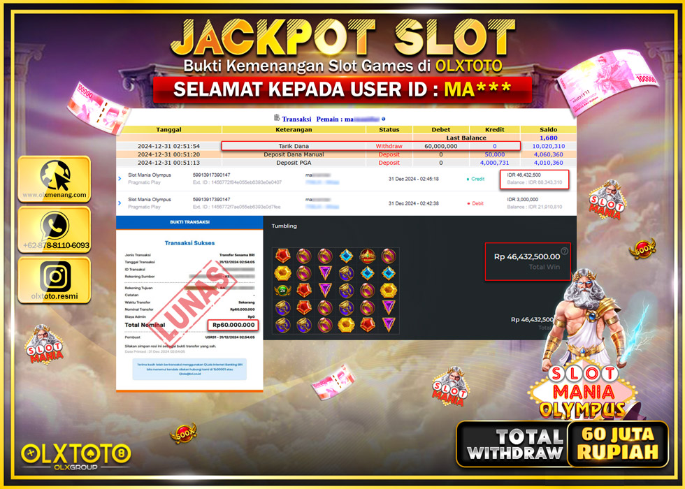 OLXTOTO JACKPOT  SLOT MANIA OLYMPUS  Rp.60.000.000.,- LUNAS