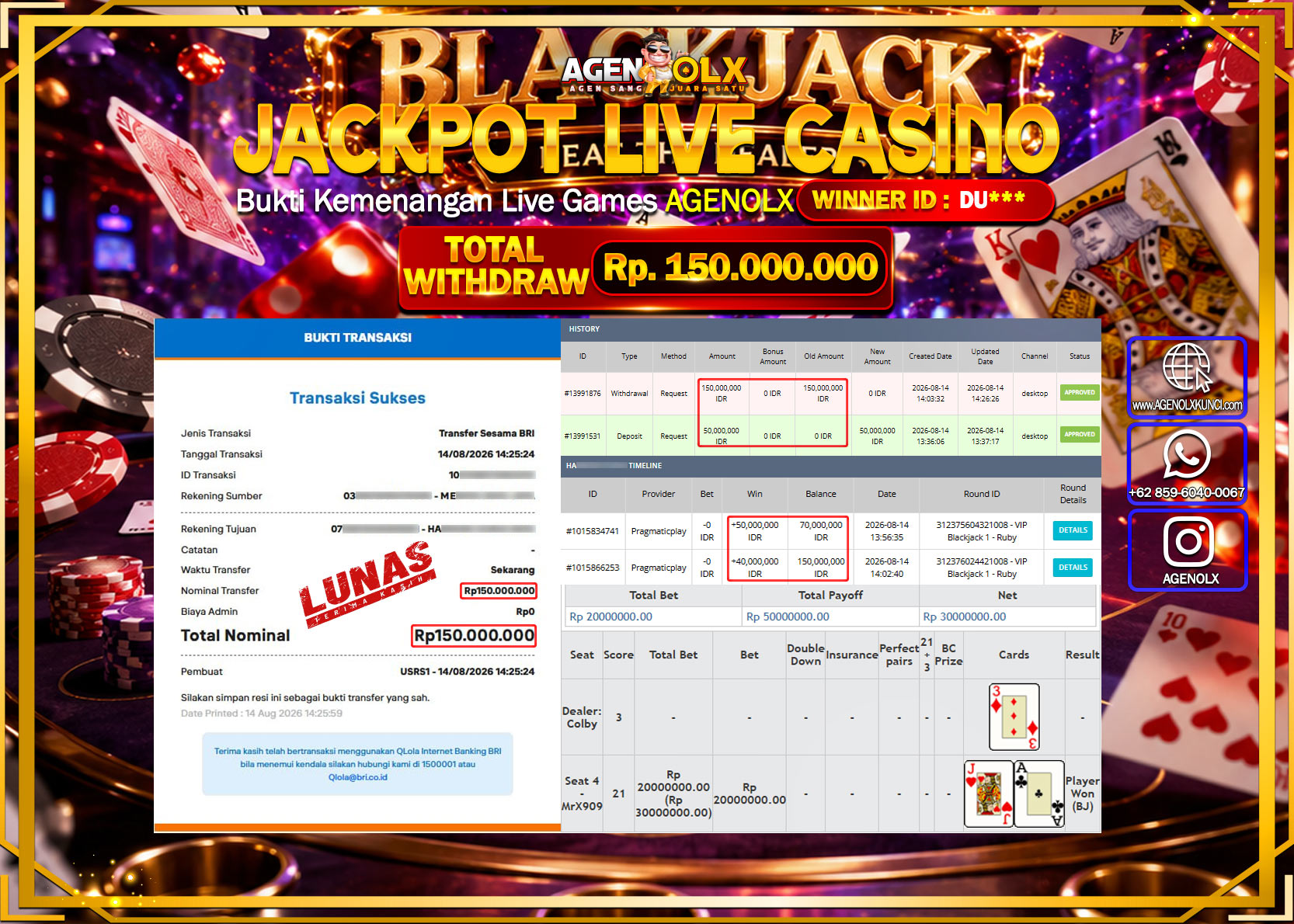 AGENOLX JACKPOT LIVE CASSINO VIP BLACKJACK 1 - RUBY  Rp 150.000.000-LUNAS