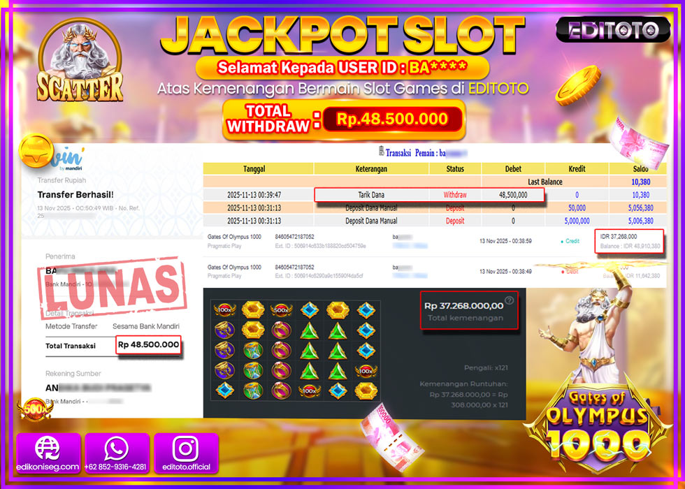 JACKPOT EDITOTO SLOT GATES OF OLYMPUS 1000  Rp.48.500.000,- LUNAS
