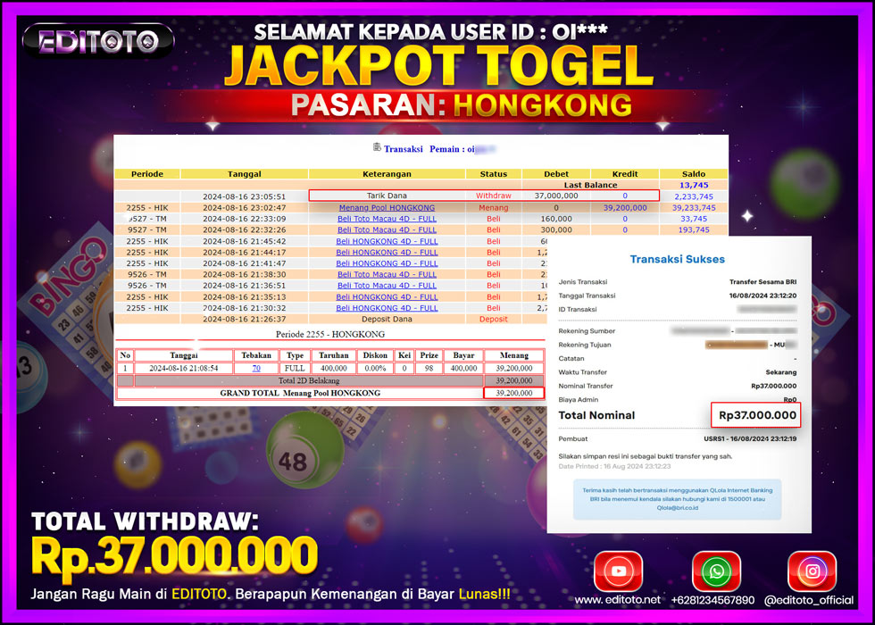 JACKPOT TOGEL PASARAN HONGKONG Rp.37.000.000.,- LUNAS