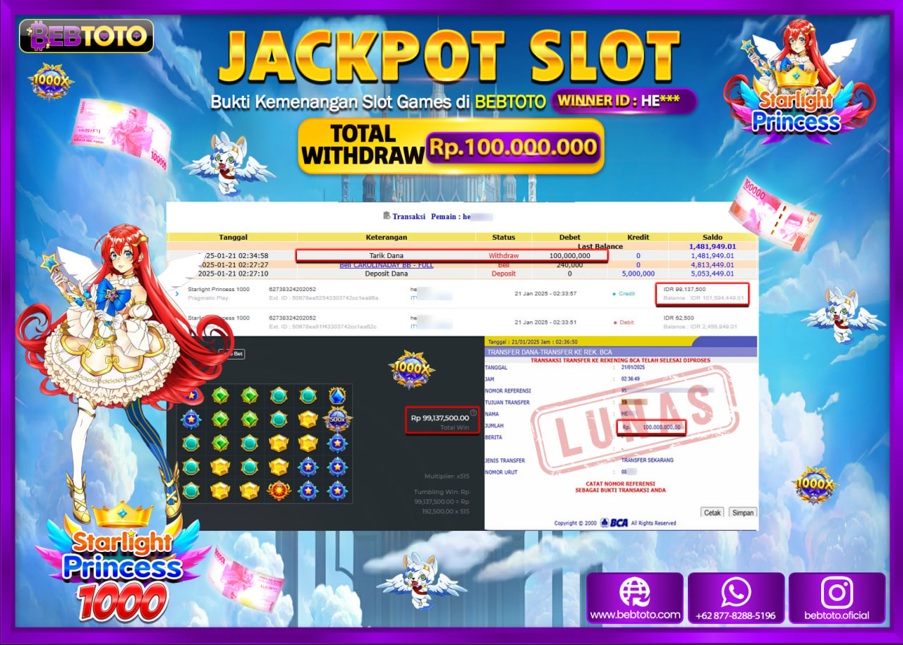 JACKPOT SLOT BEBTOTO STARLIGHT PRINCESS 1000 Rp.100.000.000.,- LUNAS