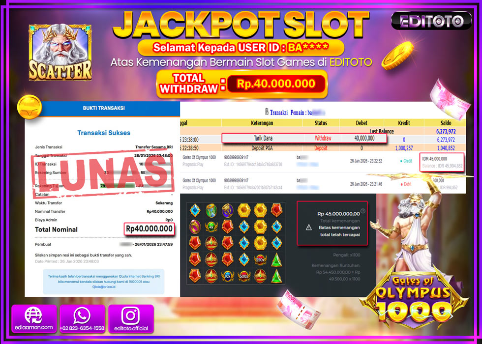JACKPOT EDITOTO SLOT GATES OF OLYMPUS 1000  Rp.40.000.000,- LUNAS  