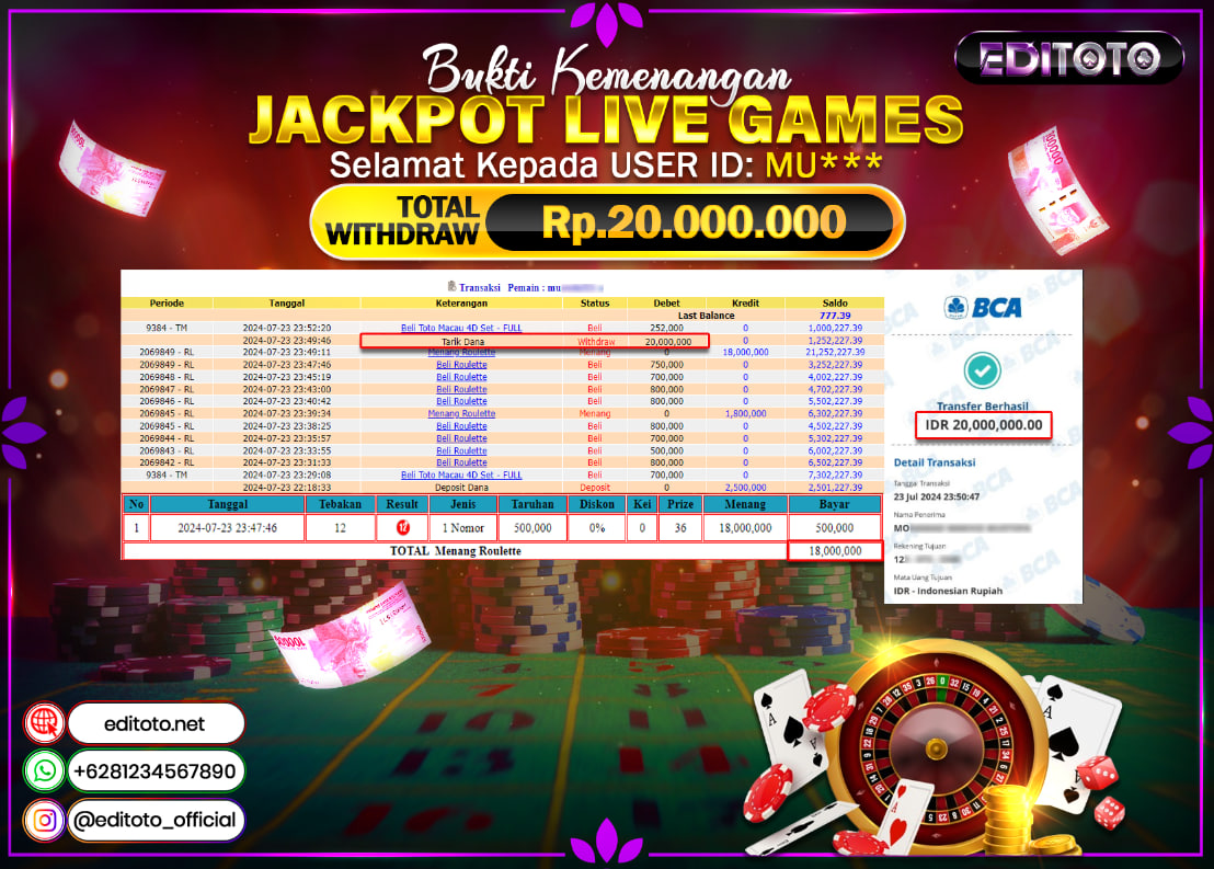 JACKPOT LIVE GAME EDITOTO ROULETTE Rp.20.000.000.,- LUNAS