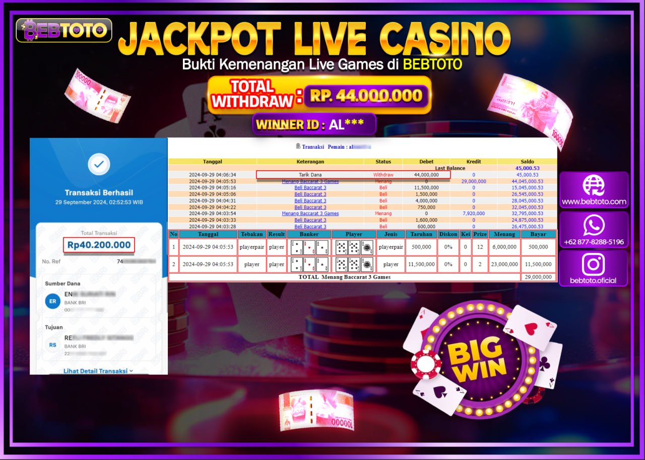 JACKPOT LIVE CASINO BEBTOTO BACCARAT Rp.44.000.000.,- LUNAS