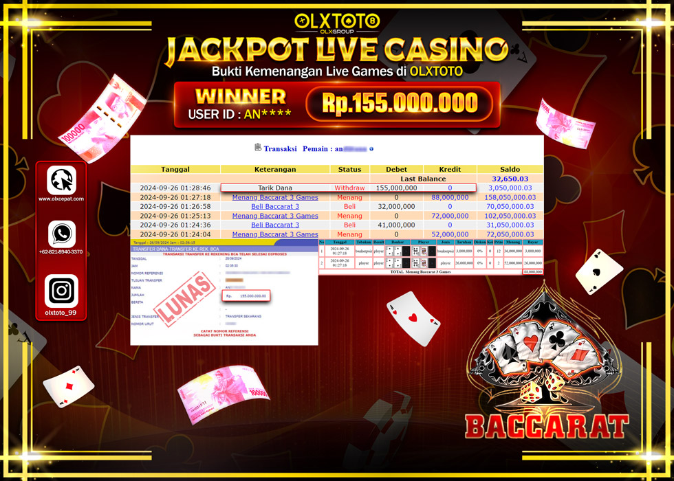 OLXTOTO JACKPOT  LIVE GAMES BACCARAT 3 Rp.155.000.000.,- LUNAS