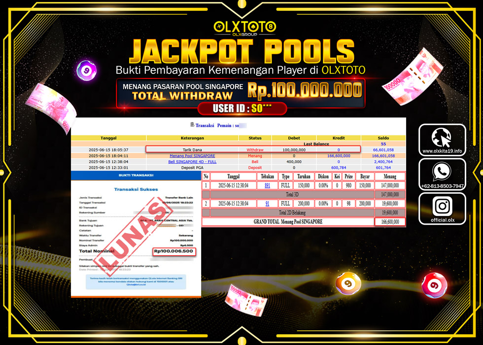 BONDAN69 JACKPOT  TOGEL POOL SINGAPORE  Rp.100.000.000.,- LUNAS