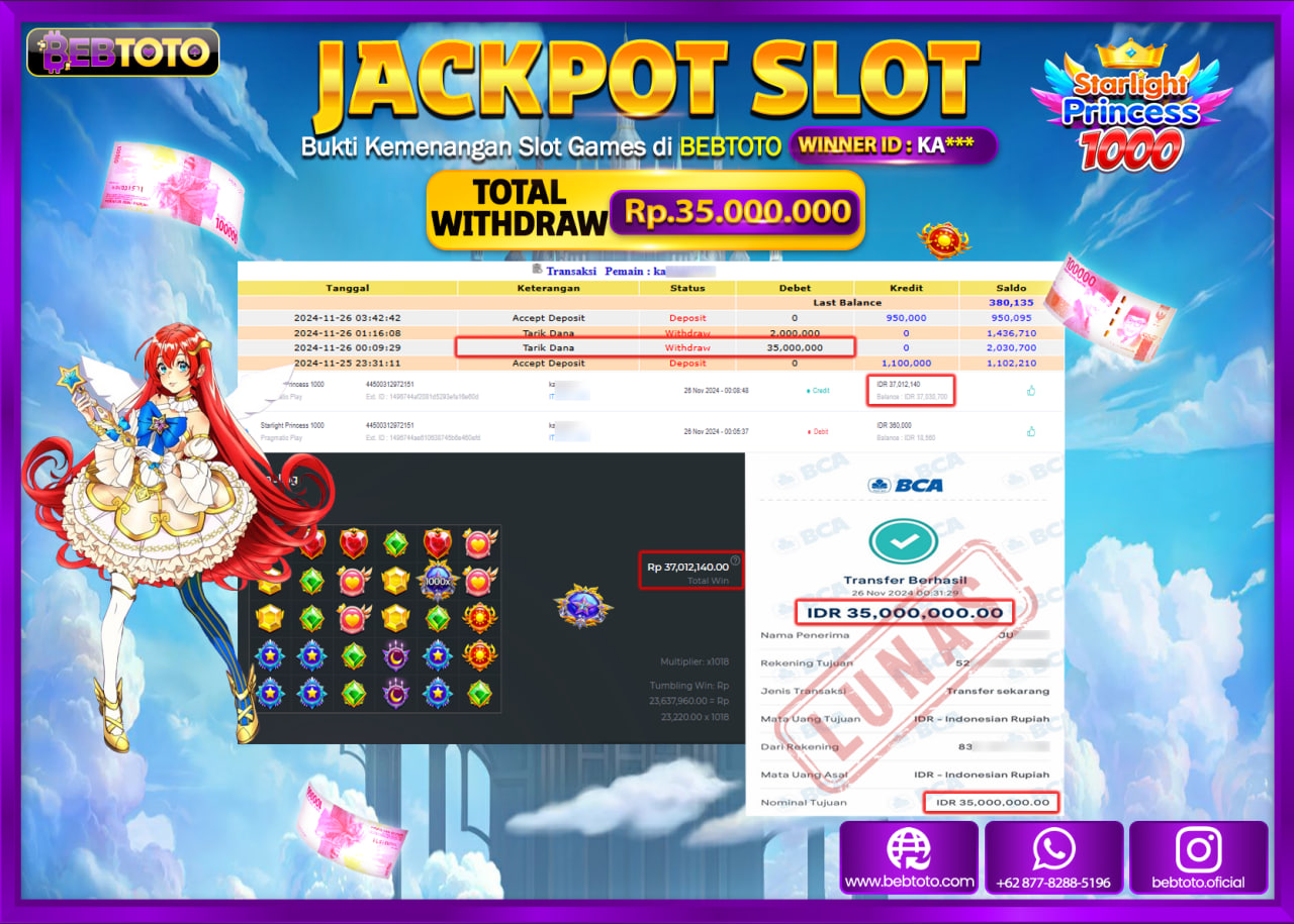 JACKPOT SLOT BEBTOTO STARLIGHT PRINCESS 1000 Rp.35.000.000.,- LUNAS