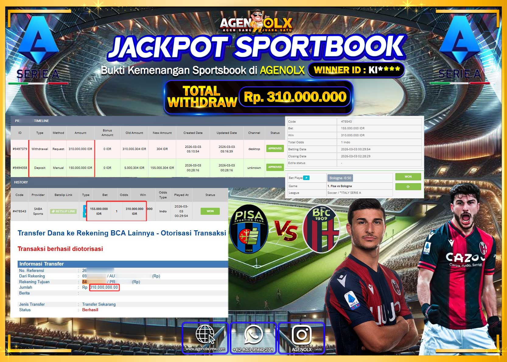 AGENOLX JACKPOT SABA SPORT  Rp 310.000.000- LUNAS
