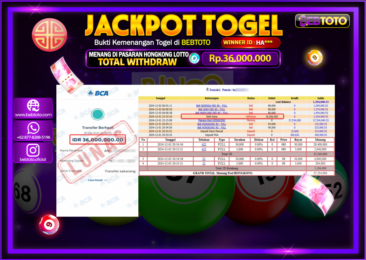 JACKPOT TOGEL BEBTOTO HONGKONG LOTTO Rp.36.000.000.,- LUNAS