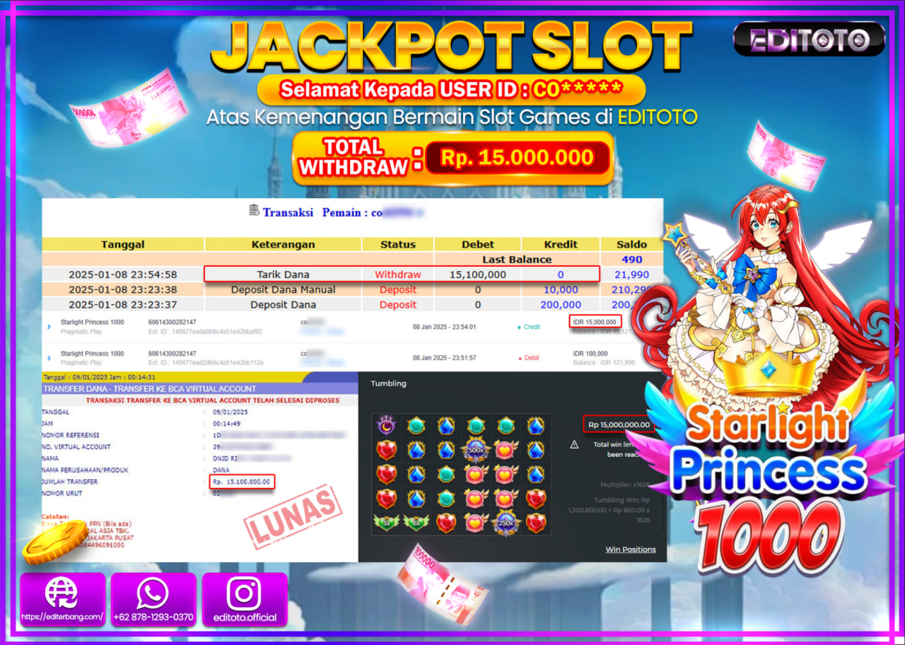 JACKPOT SLOT STARLIGHT PRINCESS 1000  Rp.15.000.000.,- LUNAS