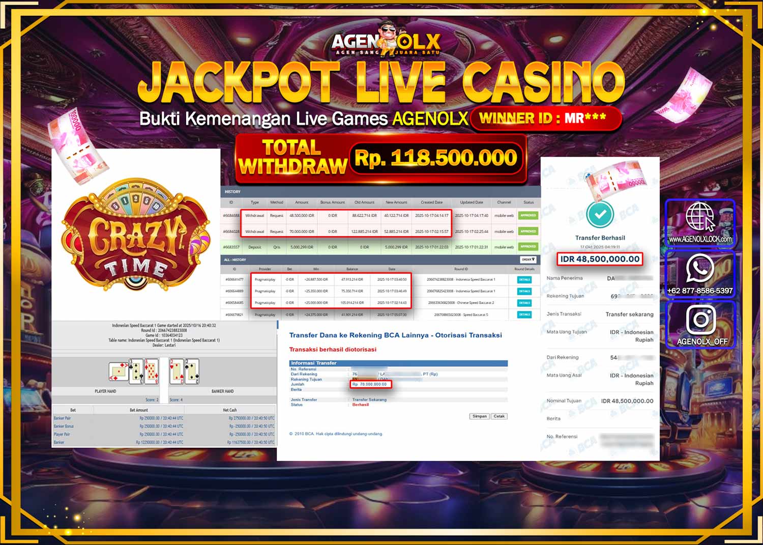 AGENOLX JACKPOT LIVE CASINO SPEED  Rp 118,500,000,- LUNAS