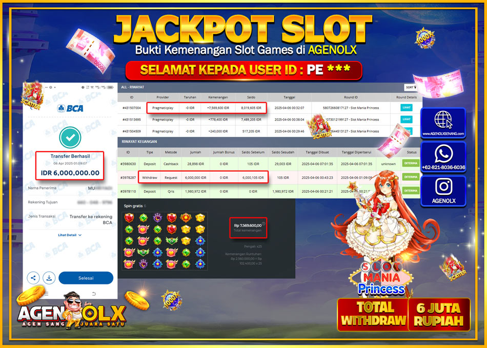 AGENOLX JACKPOT SLOT MANIA PRINCESS  Rp 6.000.000,- LUNAS