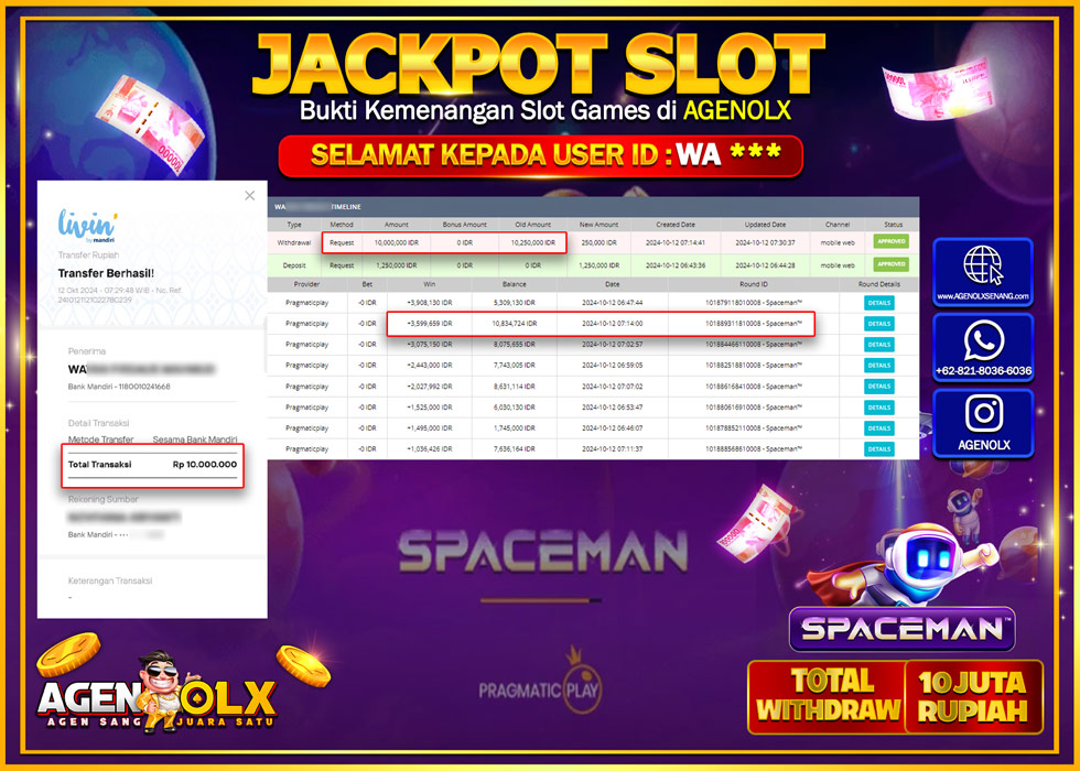 AGENOLX JACKPOT  SLOT SPACEMAN  Rp10.000.000,- LUNAS
