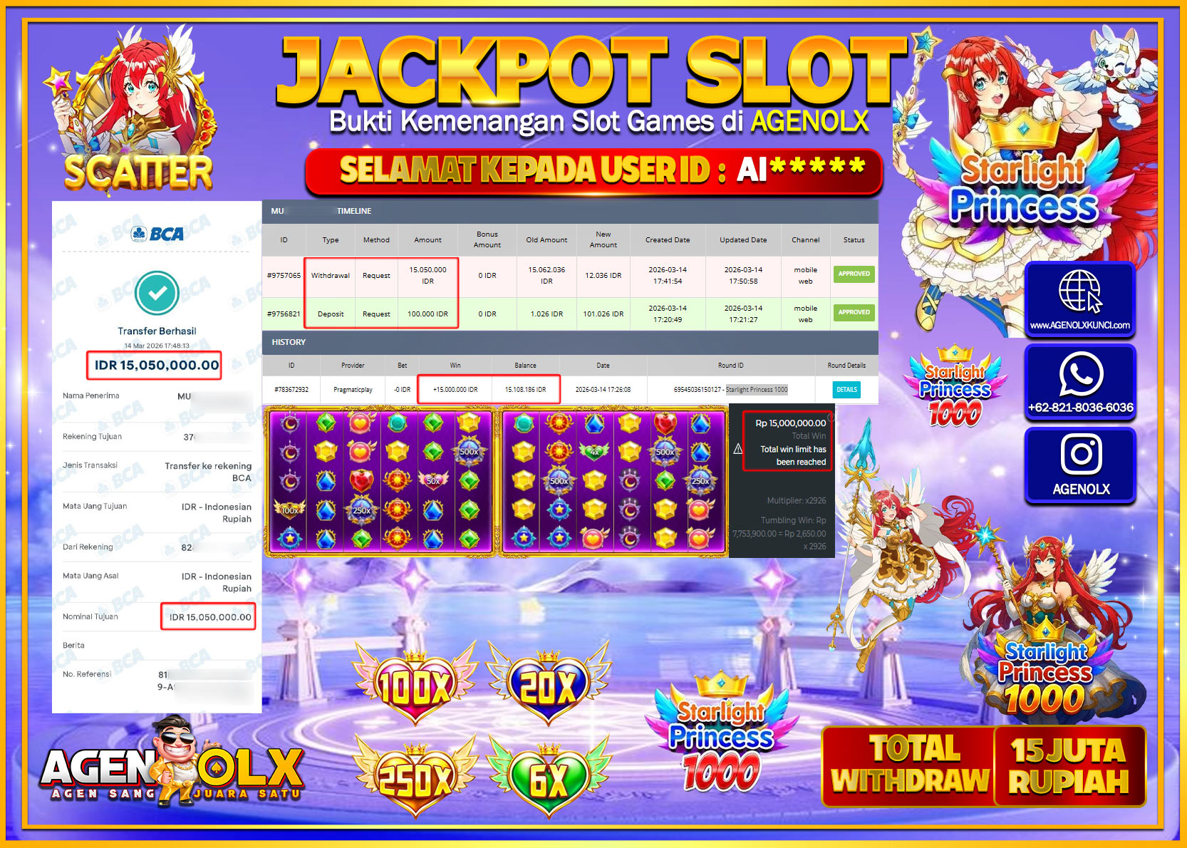 AGENOLX JACKPOT SLOT STARLIGHT PRINCESS 1000 Rp 15.050.000 - LUNAS