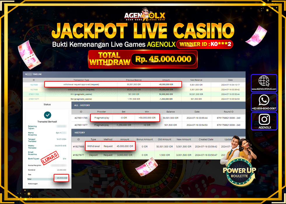 AGENOLX JACKPOT LIVE CASINO POWER UP ROULETTE  Rp.45.000.000,- LUNAS