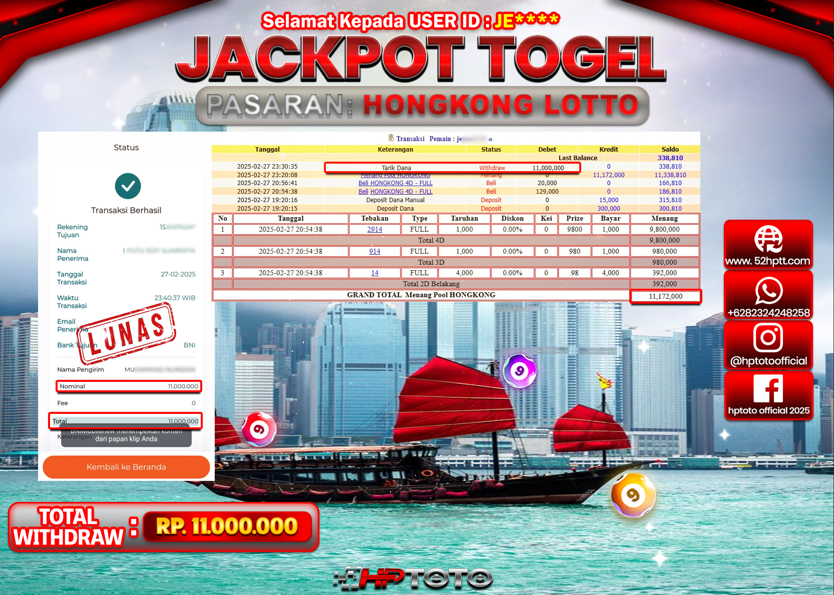 HPTOTO JACKPOT TOGEL PASARAN HONGKONG LOTTO Rp.11.000.000,- LUNAS
