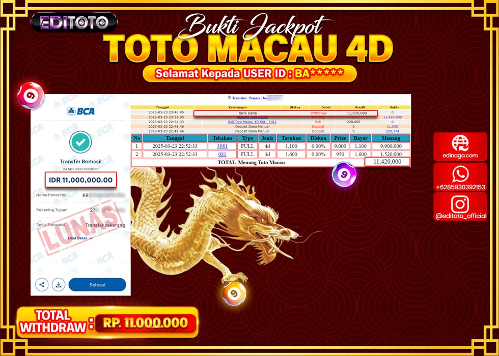 JACKPOT EDITOTO TOGEL PASARAN TOTOMACAU 4D Rp.11.000.000.,- LUNAS