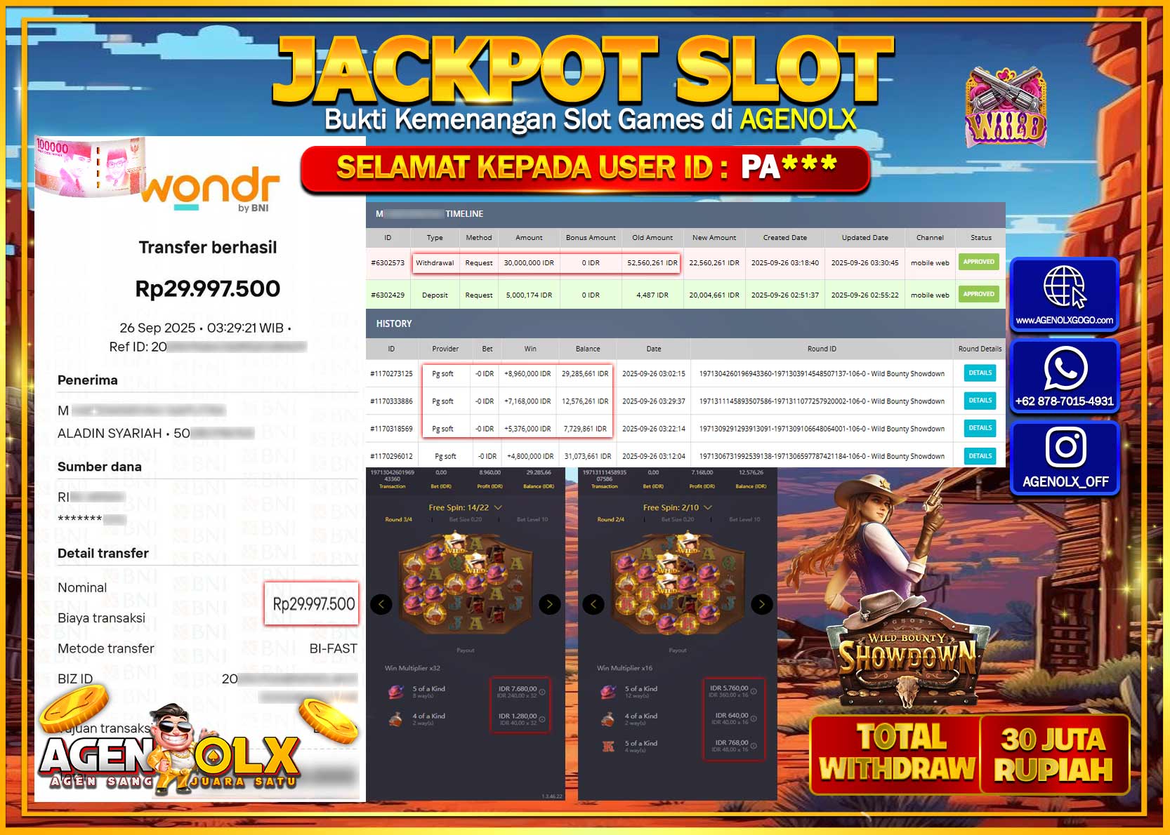 AGENOLX JACKPOT SLOT WILD BOUNTY SHOWDOWN Rp 30,000,000,- LUNAS