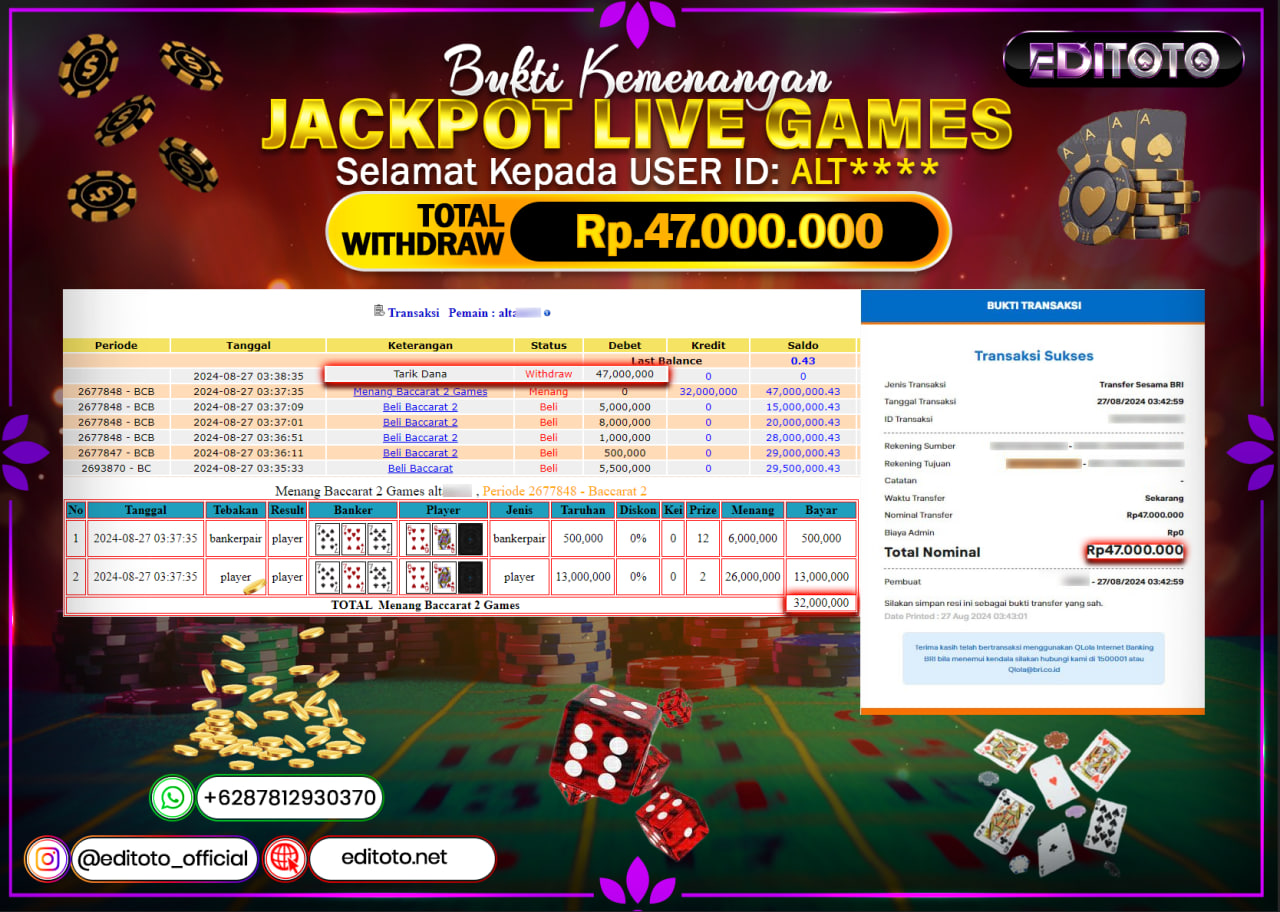 JACKPOT LIVE GAME BACCARAT 2 Rp.47.000.000.,- LUNAS