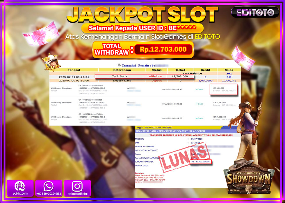 JACKPOT EDITOTO SLOT WILD BOUNTY SHOWDOWN Rp.12.703.000,- LUNAS 