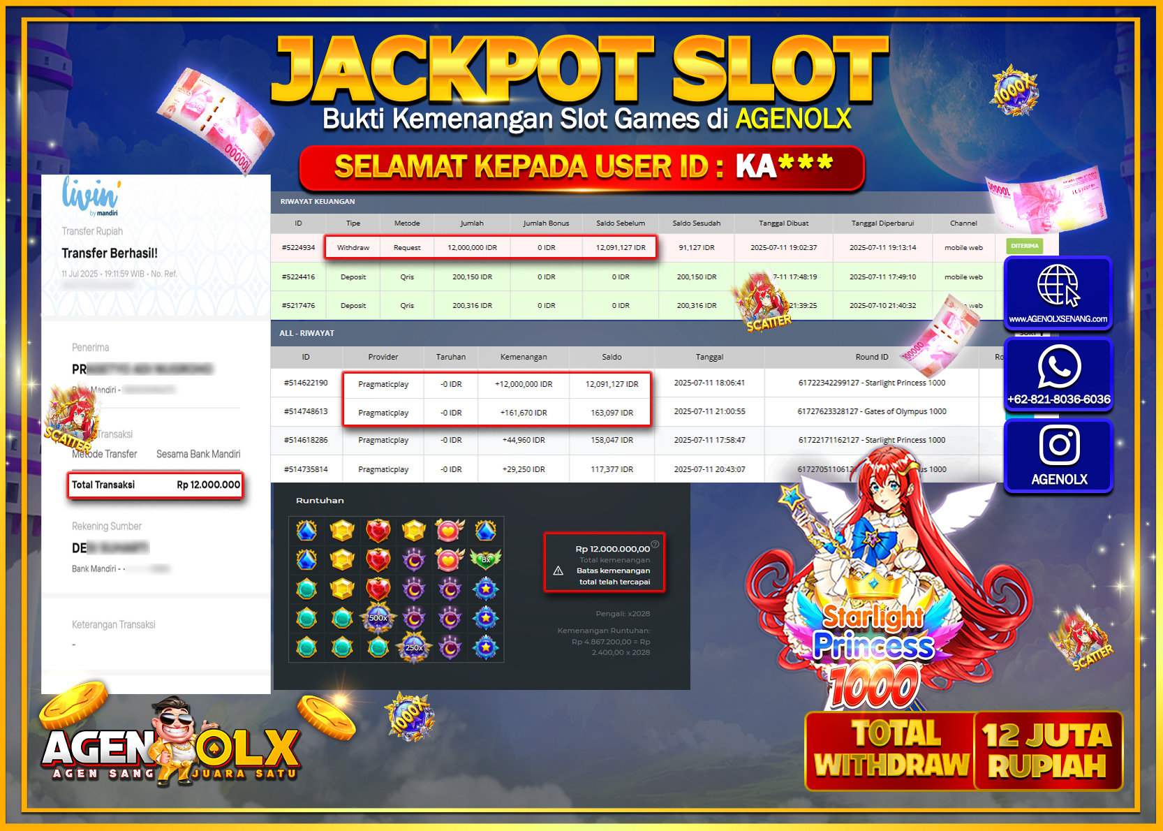 AGENOLX JACKPOT  SLOT STARLIGHT PRINCESS 1000  Rp 12.000.000,- LUNAS