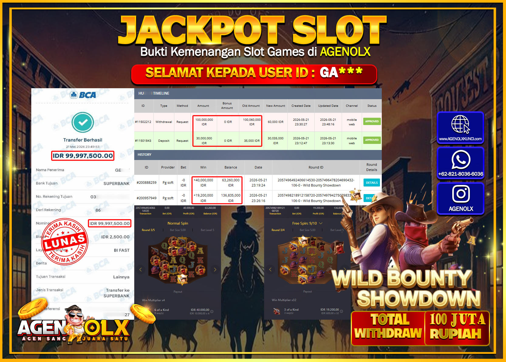 AGENOLX JACKPOT SLOT WILD BOUNTY SHOWDOWN Rp 100.000.000 - LUNAS