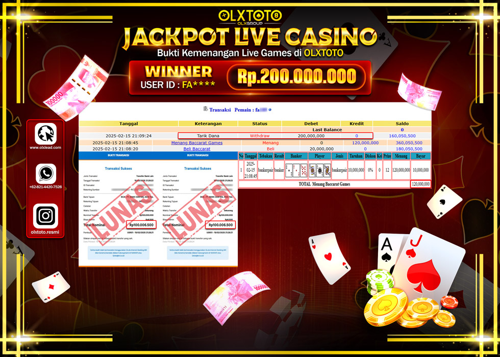 OLXTOTO JACKPOT  LIVE GAMES BACCARAT Rp.200.000.000.,- LUNAS
