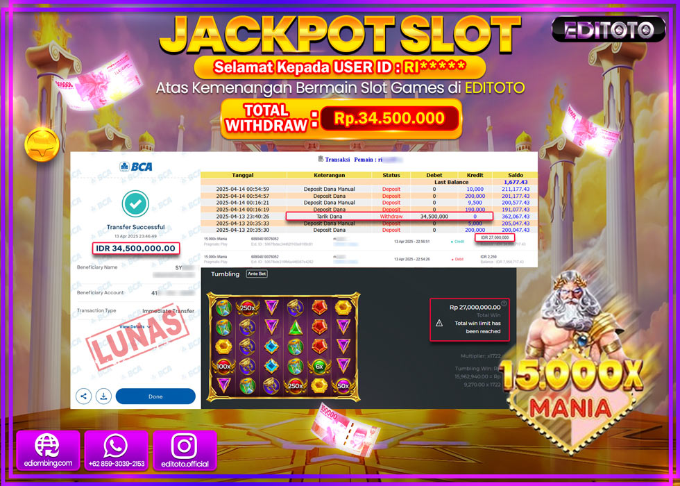 JACKPOT SLOT 15.000X MANIA Rp.34.500.000,- LUNAS