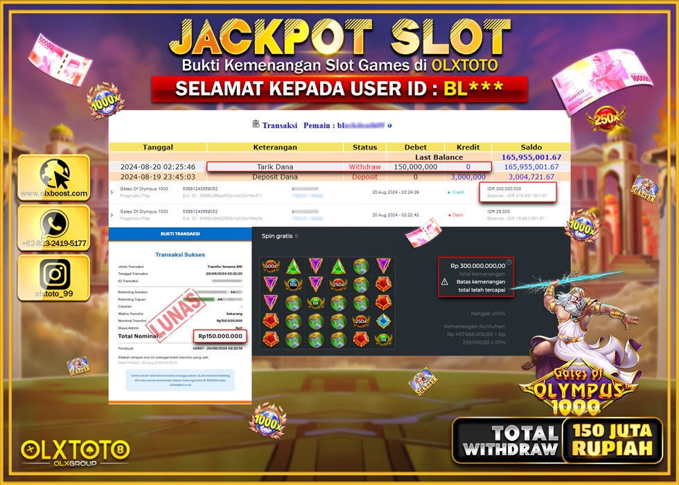 OLXTOTO JACKPOT  SLOT GATE OF OLYMPUS 1000 Rp.150.000.000.,- LUNAS