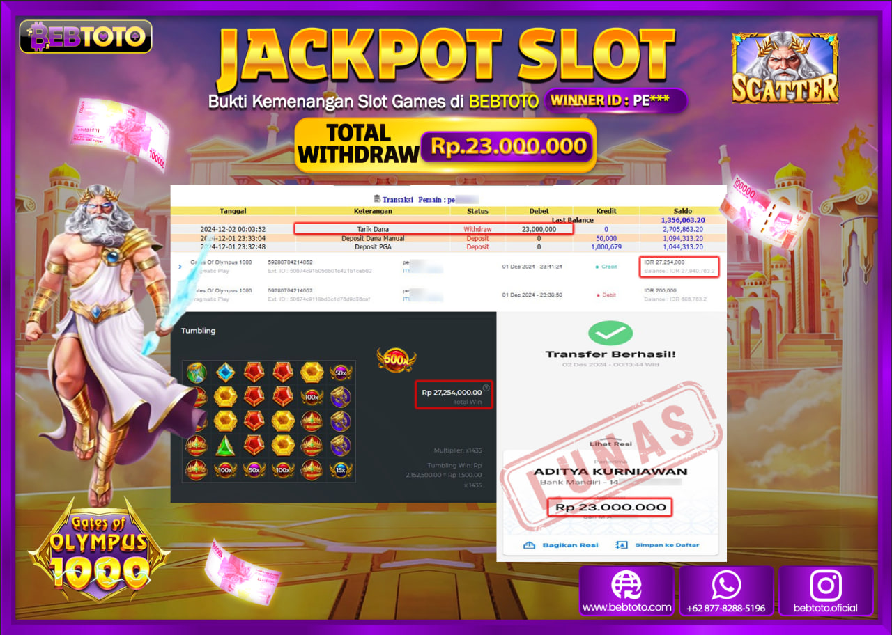 JACKPOT SLOT BEBTOTO GATES OF OLYMPUS 1000 Rp.23.000.000.,- LUNAS