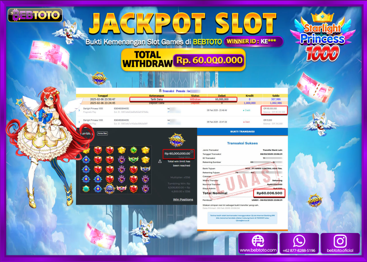 JACKPOT SLOT BEBTOTO STARLIGHT PRINCESS 1000 Rp.60.000.000.,- LUNAS