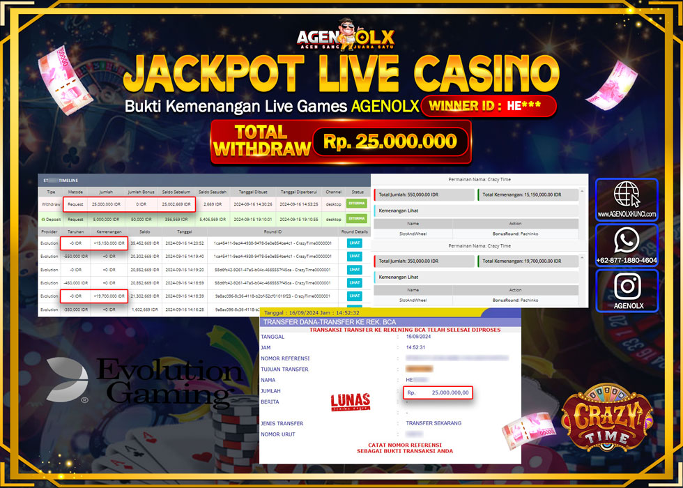 AGENOLX JACKPOT LIVE CASINO CRAZY TIME Rp.25.000.000,- LUNAS