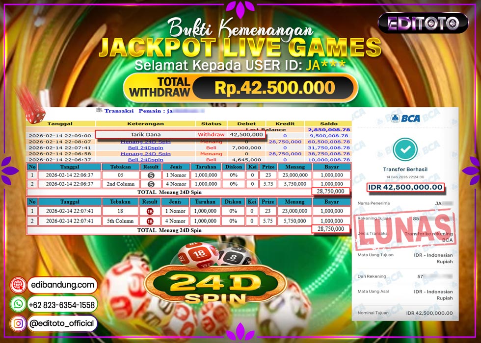 JACKPOT EDITOTO LIVE GAMES 24D SPIN GAMES Rp. 42.500.000.,- LUNAS
