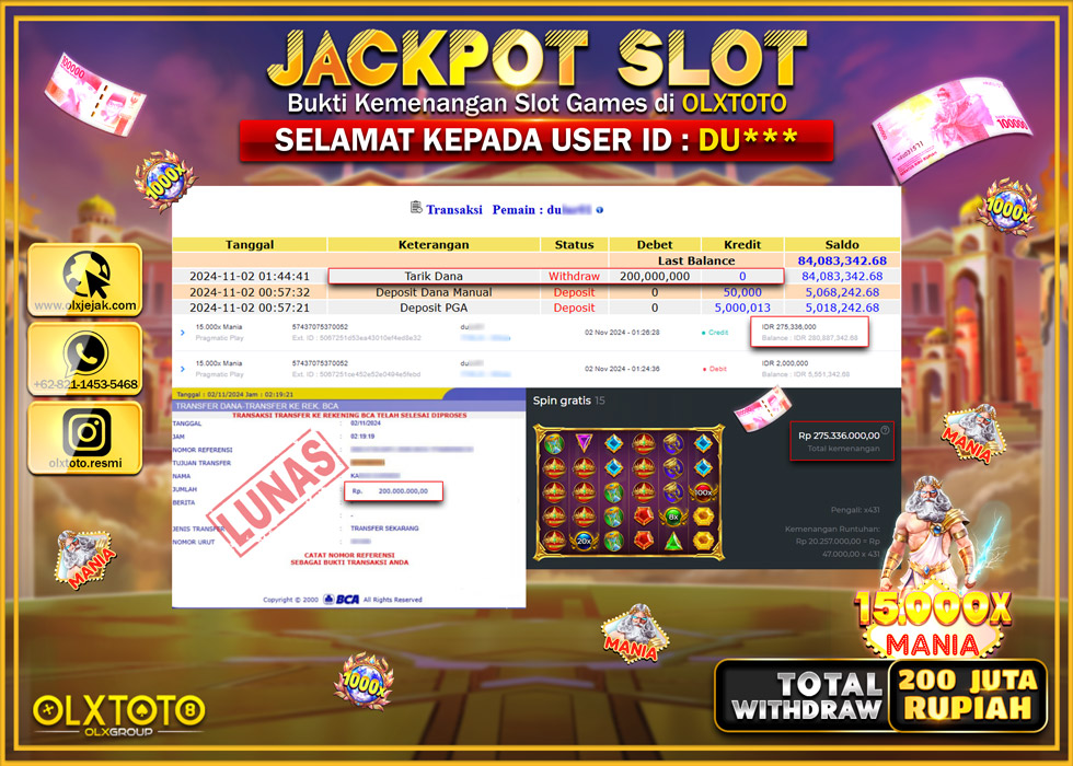 OLXTOTO JACKPOT  SLOT 15.000x MANIA Rp.200.000.000.,- LUNAS