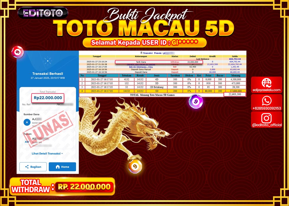 JACKPOT TOGEL PASARAN TOTOMACAU 5D Rp.22.000.000.,- LUNAS