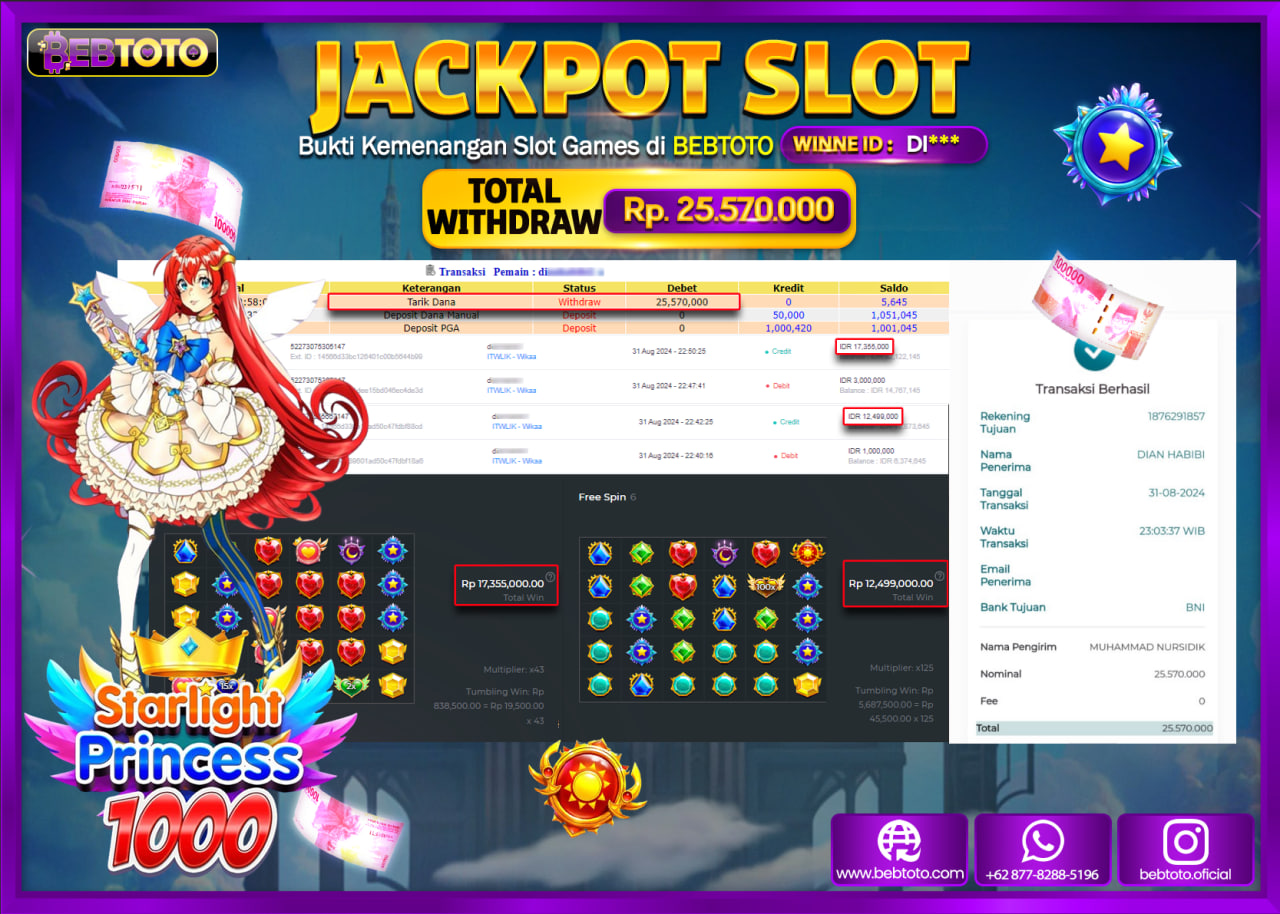 JACKPOT SLOT BEBTOTO Starlight Princess 1000 Rp.25.570.000.,- LUNAS