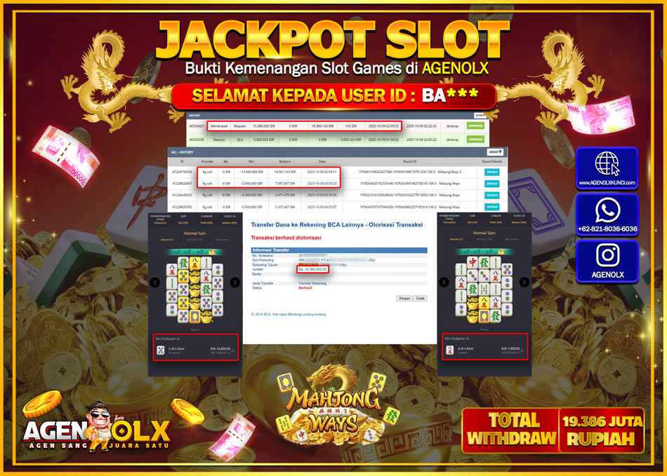 AGENOLX JACKPOT SLOT MAHJONG WAYS  Rp 19,386,000,- LUNAS