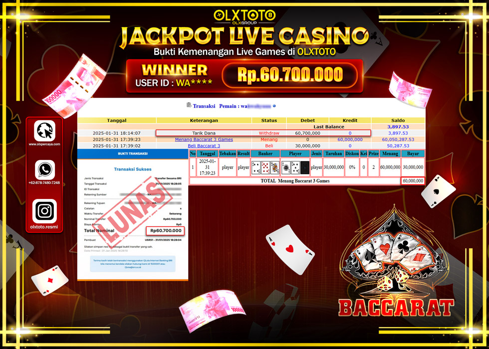 OLXTOTO JACKPOT  LIVE GAMES BACCARAT Rp.60.700.000.,- LUNAS